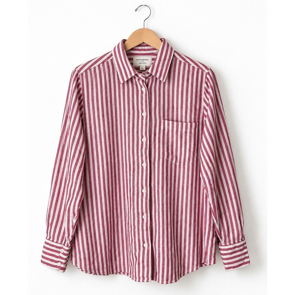 Banana Republic Button Down Shirt Women Large Pink Linen Blend Striped Preppy
